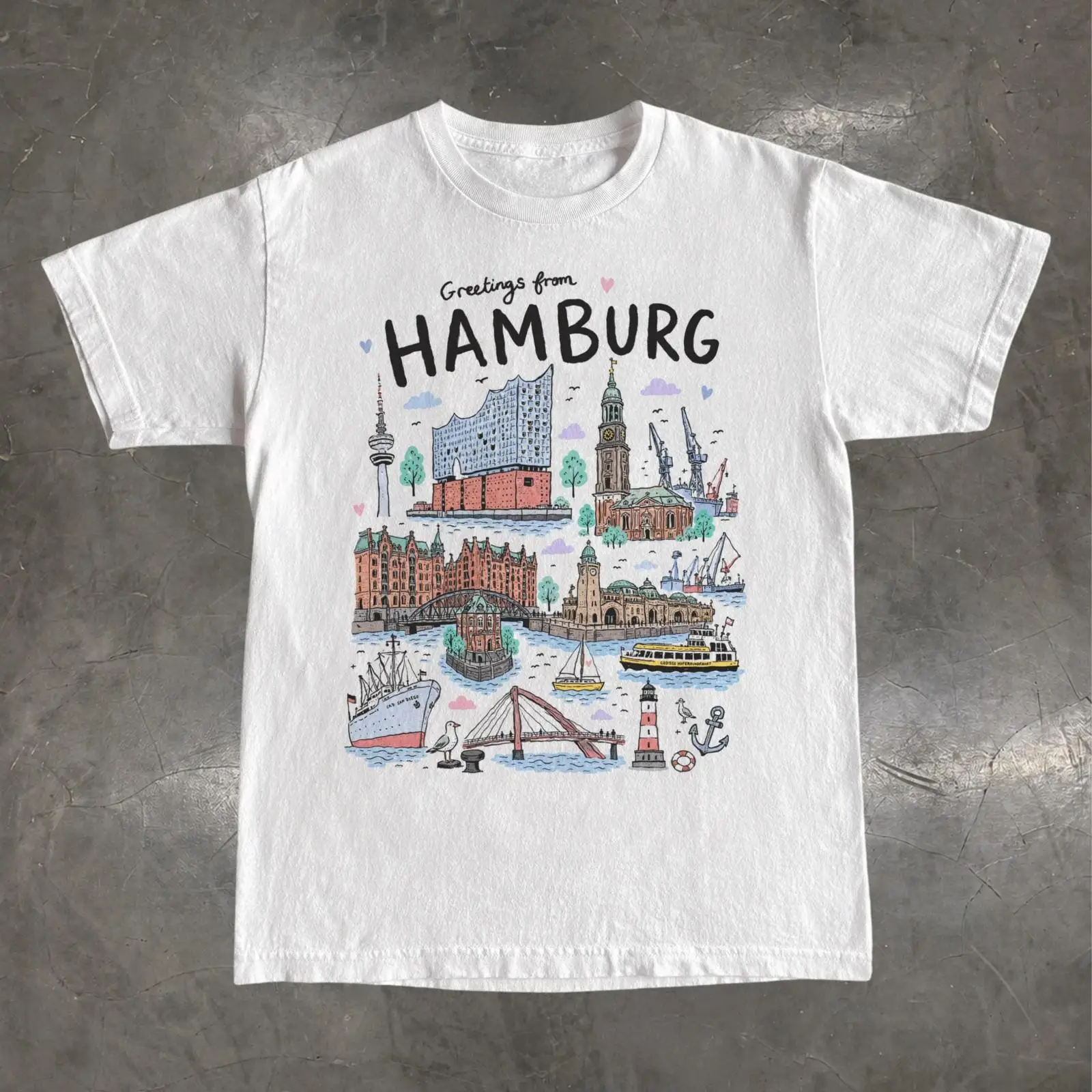 Vintage Fashion Hamburg - เสื้อยืดฮัมบูร์ก เยอรมนี เอลบฟิลฮาร์โมนี ของที่ระลึกการท่องเที่ยวท่าเรือ วินเทจ ฟอกสี