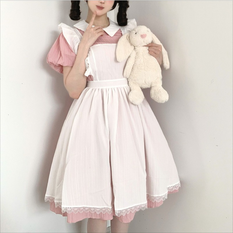 ชุดแม่บ้านสีชมพูขาวยาวพร้อมปกค - Vintage Fashion Dresses บทวิจารณ์และราคา