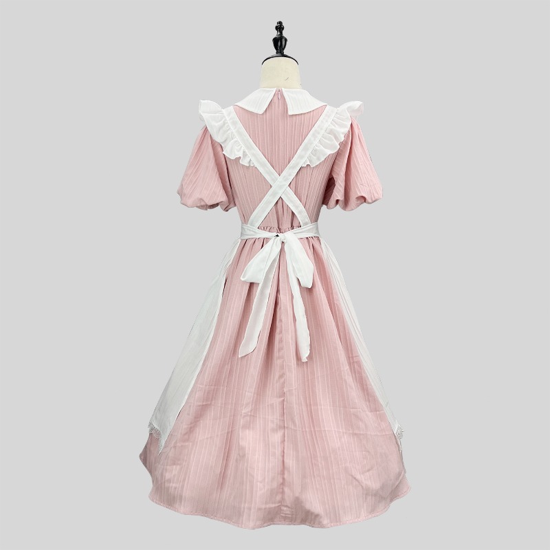 ชุดแม่บ้านสีชมพูขาวยาวพร้อมปกค - Vintage Fashion Dresses บทวิจารณ์และราคา